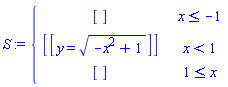 S := piecewise(x <= -1, [], x < 1, [[y = sqrt(-x^2+1)]], 1 <= x, [])