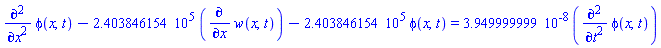 diff(diff(phi(x, t), x), x)-240384.6154*(diff(w(x, t), x))-240384.6154*phi(x, t) = 0.3949999999e-7*(diff(diff(phi(x, t), t), t))