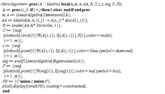 Gerschgorin := proc (A::Matrix) local Delta, m, n, AA, R, C, i, c, eig, P, Plt; Delta := proc (i, j) if i = j then 0 else 1 end if end proc; m, n := LinearAlgebra[Dimension](A); AA := Matrix(m, n, proc (i, j) options operator, arrow; Delta(i, j)*abs(A[i, j]) end proc); R := evalm(`&*`(AA, Vector(m, 1))); C := {seq(('plottools[circle]')([Re(A[i, i]), Im(A[i, i])], R[i], color = violet), i = 1 .. m)}; c := {seq(('plottools[point]')([Re(A[i, i]), Im(A[i, i])], color = blue, symbol = diamond), i = 1 .. m)}; eig := evalf(LinearAlgebra[Eigenvalues](A)); P := {seq(('plottools[point]')([Re(eig[i]), Im(eig[i])], color = red, symbol = box), i = 1 .. m)}; Plt := `union`(`union`(C, c), P); plots[display](eval(Plt), scaling = constrained) end proc