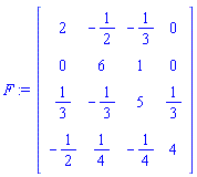 F := Matrix(4, 4, {(1, 1) = 2, (1, 2) = -1/2, (1, 3) = -1/3, (1, 4) = 0, (2, 1) = 0, (2, 2) = 6, (2, 3) = 1, (2, 4) = 0, (3, 1) = 1/3, (3, 2) = -1/3, (3, 3) = 5, (3, 4) = 1/3, (4, 1) = -1/2, (4, 2) = 1/4, (4, 3) = -1/4, (4, 4) = 4})