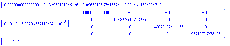 Array(1..4, {(1) = .8999999999999999, (2) = .13253242135512638, (3) = 0.5660188679433962e-1, (4) = 0.31431468609474184e-1}, datatype = float[8]), Array(1..4, {(1) = .0, (2) = .0, (3) = .0, (4) = 0.3582035591196321e-17}, datatype = float[8]), Array(1..4, 1..4, {(1, 1) = .20000000000000018, (1, 2) = -.0, (1, 3) = -.0, (1, 4) = -.0, (2, 1) = .0, (2, 2) = 1.7349351572897471, (2, 3) = -.0, (2, 4) = -.0, (3, 1) = .0, (3, 2) = .0, (3, 3) = 1.8867962264113207, (3, 4) = -.0, (4, 1) = .0, (4, 2) = .0, (4, 3) = .0, (4, 4) = 1.9371370627810516}, datatype = float[8]), Array(1..4, {(1) = 1, (2) = 2, (3) = 3, (4) = 1}, datatype = integer[4])
