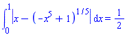 int(abs(x-(-x^5+1)^(1/5)), x = 0 .. 1) = 1/2
