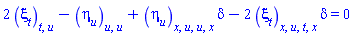 2*(diff(diff(xi[t](x, t, u), t), u))-(diff(diff(eta[u](x, t, u), u), u))+(diff(diff(diff(diff(eta[u](x, t, u), u), u), x), x))*delta-2*(diff(diff(diff(diff(xi[t](x, t, u), t), u), x), x))*delta = 0