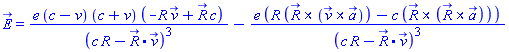 E_(X) = e*(c-v)*(c+v)*(-R*v_+R_*c)/(c*R-Physics:-Vectors:-`.`(R_, v_))^3-e*(R*Physics:-Vectors:-`&x`(R_, Physics:-Vectors:-`&x`(v_, a_))-c*Physics:-Vectors:-`&x`(R_, Physics:-Vectors:-`&x`(R_, a_)))/(c*R-Physics:-Vectors:-`.`(R_, v_))^3