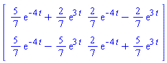 Matrix(2, 2, {(1, 1) = (5/7)*exp(-4*t)+(2/7)*exp(3*t), (1, 2) = (2/7)*exp(-4*t)-(2/7)*exp(3*t), (2, 1) = (5/7)*exp(-4*t)-(5/7)*exp(3*t), (2, 2) = (2/7)*exp(-4*t)+(5/7)*exp(3*t)})
