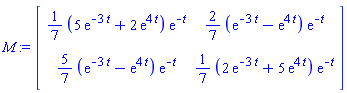 M := Matrix(2, 2, {(1, 1) = ((5/7)*exp(-3*t)+(2/7)*exp(4*t))*exp(-t), (1, 2) = ((2/7)*exp(-3*t)-(2/7)*exp(4*t))*exp(-t), (2, 1) = ((5/7)*exp(-3*t)-(5/7)*exp(4*t))*exp(-t), (2, 2) = ((2/7)*exp(-3*t)+(5/7)*exp(4*t))*exp(-t)})