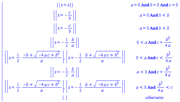 piecewise(And(a = 0, b = 0, c = 0), [[x = x]], And(a = 0, 0 < b), [[x = -c/b]], And(a = 0, b < 0), [[x = -c/b]], And(0 < a, c = b^2/(4*a)), [[x = -(1/2)*b/a]], And(0 < a, c < b^2/(4*a)), [[x = (1/2)*(-b+sqrt(-4*a*c+b^2))/a], [x = -(1/2)*(b+sqrt(-4*a*c+b^2))/a]], And(a < 0, c = b^2/(4*a)), [[x = -(1/2)*b/a]], And(a < 0, b^2/(4*a) < c), [[x = (1/2)*(-b+sqrt(-4*a*c+b^2))/a], [x = -(1/2)*(b+sqrt(-4*a*c+b^2))/a]], [])