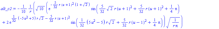 -(1/10)*10^(1/2)*(exp(-(5/32)*r*(u+1)^2*(1+2^(1/2)))*sin((5/32)*2^(1/2)*r*(u+1)^2+(5/32)*r*(u+1)^2+(1/4)*Pi)+2*exp((1/32)*(-5*u^2+5)*r*2^(1/2)-(5/32)*r*(u+1)^2)*sin((1/32)*(5*u^2-5)*r*2^(1/2)+(5/32)*r*(u-1)^2+(1/4)*Pi))*(1/(r*Pi))^(1/2)/r