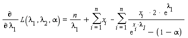 diff(L(lambda[1], lambda[2], alpha), lambda[1]) = n/lambda[1]+sum(x[i], i = 1 .. n)-(sum(2*x[i]*exp(lambda[1])/(exp(x__i*`&lambda;__1`)-1+alpha), i = 1 .. n))