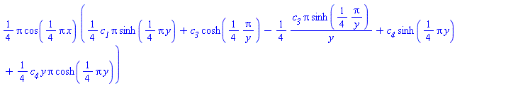(1/4)*Pi*cos((1/4)*Pi*x)*((1/4)*c__1*Pi*sinh((1/4)*Pi*y)+c__3*cosh((1/4)*Pi/y)-(1/4)*c__3*Pi*sinh((1/4)*Pi/y)/y+c__4*sinh((1/4)*Pi*y)+(1/4)*c__4*y*Pi*cosh((1/4)*Pi*y))