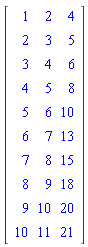 Matrix([[1, 2, 4], [2, 3, 5], [3, 4, 6], [4, 5, 8], [5, 6, 10], [6, 7, 13], [7, 8, 15], [8, 9, 18], [9, 10, 20], [10, 11, 21]])