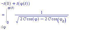 -t(0)+t(varphi(t)) = Int(1/(2*C*cos(varphi)-2*C*cos(varphi__0))^(1/2), varphi = 0 .. varphi(t), continuous)