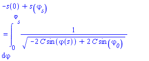 -s(0)+s(varphi__s) = int(1/(-2*C*sin(varphi(s))+2*C*sin(varphi__0))^(1/2), varphi = 0 .. varphi__s, continuous)
