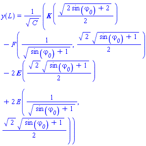y(L) = (EllipticK((1/2)*(2*sin(varphi__0)+2)^(1/2))-EllipticF(1/(sin(varphi__0)+1)^(1/2), (1/2)*2^(1/2)*(sin(varphi__0)+1)^(1/2))-2*EllipticE((1/2)*2^(1/2)*(sin(varphi__0)+1)^(1/2))+2*EllipticE(1/(sin(varphi__0)+1)^(1/2), (1/2)*2^(1/2)*(sin(varphi__0)+1)^(1/2)))/C^(1/2)