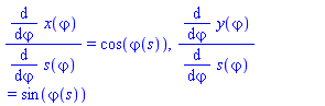 (diff(x(varphi), varphi))/(diff(s(varphi), varphi)) = cos(varphi(s)), (diff(y(varphi), varphi))/(diff(s(varphi), varphi)) = sin(varphi(s))