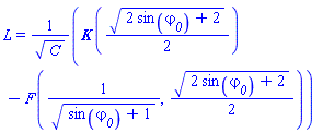 L = (EllipticK((1/2)*(2*sin(varphi__0)+2)^(1/2))-EllipticF(1/(sin(varphi__0)+1)^(1/2), (1/2)*(2*sin(varphi__0)+2)^(1/2)))/C^(1/2)
