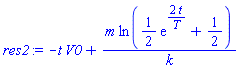 -t*V0+m*ln((1/2)*exp(2*t/T)+1/2)/k