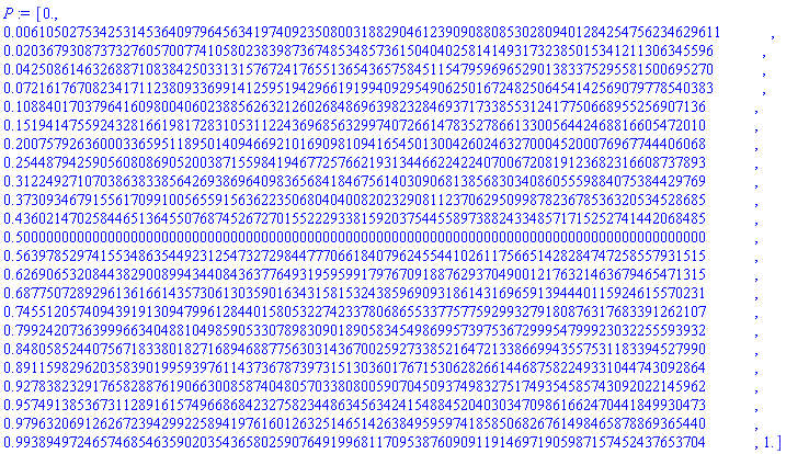 P := [0., 0.610502753425314536409796456341974092350800318829046123909088085302809401284254756234629611e-2, 0.203679308737327605700774105802383987367485348573615040402581414931732385015341211306345596e-1, 0.425086146326887108384250331315767241765513654365758451154795969652901383375295581500695270e-1, 0.721617670823417112380933699141259519429661919940929549062501672482506454142569079778540383e-1, .108840170379641609800406023885626321260268486963982328469371733855312417750668955256907136, .151941475592432816619817283105311224369685632997407266147835278661330056442468816605472010, .200757926360003365951189501409466921016909810941654501300426024632700045200076967744406068, .254487942590560808690520038715598419467725766219313446622422407006720819123682316608737893, .312249271070386383385642693869640983656841846756140309068138568303408605559884075384429769, .373093467915561709910056559156362235068040400820232908112370629509987823678536320534528685, .436021470258446513645507687452672701552229338159203754455897388243348571715252741442068485, .500000000000000000000000000000000000000000000000000000000000000000000000000000000000000000, .563978529741553486354492312547327298447770661840796245544102611756651428284747258557931515, .626906532084438290089943440843637764931959599179767091887629370490012176321463679465471315, .687750728929613616614357306130359016343158153243859690931861431696591394440115924615570231, .745512057409439191309479961284401580532274233780686553377577592993279180876317683391262107, .799242073639996634048810498590533078983090189058345498699573975367299954799923032255593932, .848058524407567183380182716894688775630314367002592733852164721338669943557531183394527990, .891159829620358390199593976114373678739731513036017671530628266144687582249331044743092864, .927838232917658288761906630085874048057033808005907045093749832751749354585743092022145962, .957491385367311289161574966868423275823448634563424154884520403034709861662470441849930473, .979632069126267239429922589419761601263251465142638495959741858506826761498465878869365440, .993894972465746854635902035436580259076491996811709538760909119146971905987157452437653704, 1.]