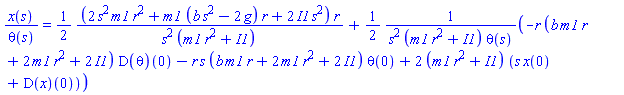 x(s)/theta(s) = (1/2)*(2*s^2*m1*r^2+m1*(b*s^2-2*g)*r+2*I1*s^2)*r/(s^2*(m1*r^2+I1))+(1/2)*(-r*(b*m1*r+2*m1*r^2+2*I1)*(D(theta))(0)-r*s*(b*m1*r+2*m1*r^2+2*I1)*theta(0)+2*(m1*r^2+I1)*(s*x(0)+(D(x))(0)))/(s^2*(m1*r^2+I1)*theta(s))
