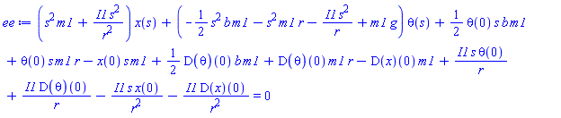 (s^2*m1+I1*s^2/r^2)*x(s)+(-(1/2)*s^2*b*m1-s^2*m1*r-I1*s^2/r+m1*g)*theta(s)+(1/2)*theta(0)*s*b*m1+theta(0)*s*m1*r-x(0)*s*m1+(1/2)*(D(theta))(0)*b*m1+(D(theta))(0)*m1*r-(D(x))(0)*m1+I1*s*theta(0)/r+I1*(D(theta))(0)/r-I1*s*x(0)/r^2-I1*(D(x))(0)/r^2 = 0