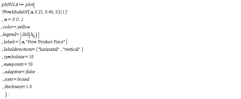 pltH01A := plot('FirmModelH(alpha, .25, .40, 0)[1]', alpha = 0. .. 1, color = yellow, legend = [SiS(h__0)], labels = [alpha, "New Product Price"], labeldirections = ["horizontal", "vertical"], symbolsize = 10, numpoints = 50, adaptive = false, axes = boxed, thickness = 1.0)