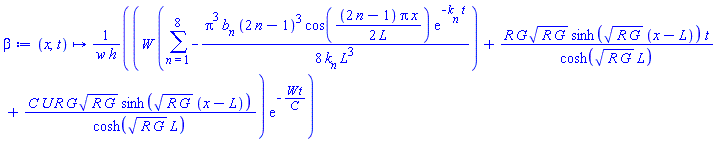 proc (x, t) options operator, arrow; (W*(sum(-(1/8)*Pi^3*b[n]*(2*n-1)^3*cos((1/2)*(2*n-1)*Pi*x/L)*exp(-k[n]*t)/(k[n]*L^3), n = 1 .. 8))+R*G*(R*G)^.5*sinh((R*G)^.5*(x-L))*t/cosh((R*G)^.5*L)+C*U*R*G*(R*G)^.5*sinh((R*G)^.5*(x-L))/cosh((R*G)^.5*L))*exp(-W*t/C)/(w*h) end proc