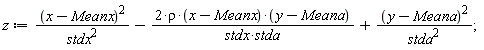 z := (x-Meanx)^2/stdx^2-2*rho*(x-Meanx)*(y-Meana)/(stdx*stda)+(y-Meana)^2/stda^2;