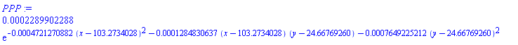 0.2289902288e-3*exp(-0.4721270882e-3*(x-103.2734028)^2-0.1284830637e-3*(x-103.2734028)*(y-24.66769260)-0.7649225212e-3*(y-24.66769260)^2)