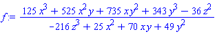 (125*x^3+525*x^2*y+735*x*y^2+343*y^3-36*z^2)/(-216*z^3+25*x^2+70*x*y+49*y^2)