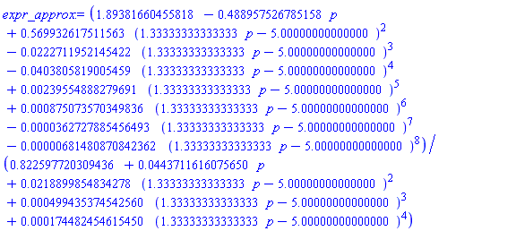 (1.89381660455818-.488957526785158*p+.569932617511563*(1.33333333333333*p-5.00000000000000)^2-0.222711952145422e-1*(1.33333333333333*p-5.00000000000000)^3-0.403805819005459e-1*(1.33333333333333*p-5.00000000000000)^4+0.239554888279691e-2*(1.33333333333333*p-5.00000000000000)^5+0.875073570349836e-3*(1.33333333333333*p-5.00000000000000)^6-0.362727885456493e-4*(1.33333333333333*p-5.00000000000000)^7-0.681480870842362e-5*(1.33333333333333*p-5.00000000000000)^8)/(.822597720309436+0.443711616075650e-1*p+0.218899854834278e-1*(1.33333333333333*p-5.00000000000000)^2+0.499435374542560e-3*(1.33333333333333*p-5.00000000000000)^3+0.174482454615450e-3*(1.33333333333333*p-5.00000000000000)^4)