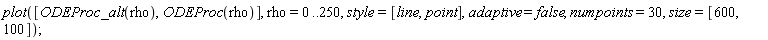 plot([ODEProc_alt(rho), ODEProc(rho)], rho = 0 .. 250, style = [line, point], adaptive = false, numpoints = 30, size = [600, 100]);