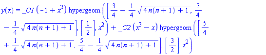 y(x) = _C1*(-1+x^2)*hypergeom([3/4+(1/4)*(4*n(n+1)+1)^(1/2), 3/4-(1/4)*(4*n(n+1)+1)^(1/2)], [1/2], x^2)+_C2*(x^3-x)*hypergeom([5/4+(1/4)*(4*n(n+1)+1)^(1/2), 5/4-(1/4)*(4*n(n+1)+1)^(1/2)], [3/2], x^2)