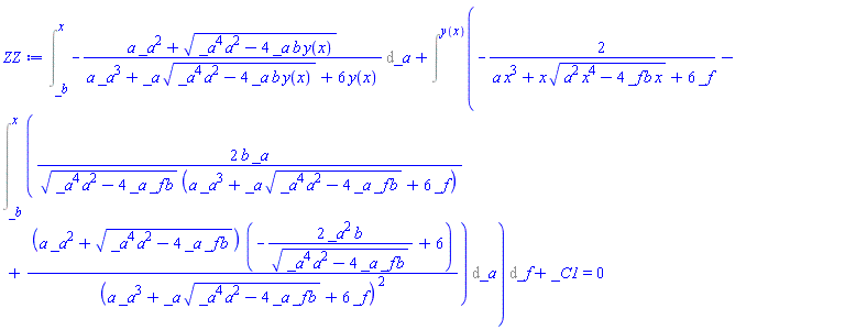 Int(-(a*_a^2+(_a^4*a^2-4*_a*b*y(x))^(1/2))/(a*_a^3+_a*(_a^4*a^2-4*_a*b*y(x))^(1/2)+6*y(x)), _a = _b .. x)+Intat(-2/(a*x^3+x*(a^2*x^4-4*_f*b*x)^(1/2)+6*_f)-(Int(2*b*_a/((_a^4*a^2-4*_a*_f*b)^(1/2)*(a*_a^3+_a*(_a^4*a^2-4*_a*_f*b)^(1/2)+6*_f))+(a*_a^2+(_a^4*a^2-4*_a*_f*b)^(1/2))*(-2*_a^2*b/(_a^4*a^2-4*_a*_f*b)^(1/2)+6)/(a*_a^3+_a*(_a^4*a^2-4*_a*_f*b)^(1/2)+6*_f)^2, _a = _b .. x)), _f = y(x))+_C1 = 0