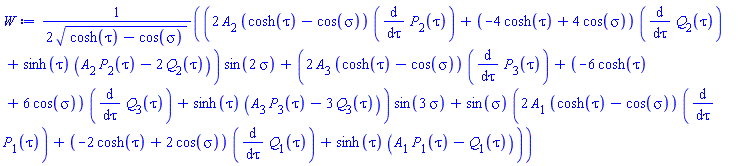 (1/2)*((2*A[2]*(cosh(tau)-cos(sigma))*(diff(P[2](tau), tau))+(-4*cosh(tau)+4*cos(sigma))*(diff(Q[2](tau), tau))+sinh(tau)*(A[2]*P[2](tau)-2*Q[2](tau)))*sin(2*sigma)+(2*A[3]*(cosh(tau)-cos(sigma))*(diff(P[3](tau), tau))+(-6*cosh(tau)+6*cos(sigma))*(diff(Q[3](tau), tau))+sinh(tau)*(A[3]*P[3](tau)-3*Q[3](tau)))*sin(3*sigma)+sin(sigma)*(2*A[1]*(cosh(tau)-cos(sigma))*(diff(P[1](tau), tau))+(-2*cosh(tau)+2*cos(sigma))*(diff(Q[1](tau), tau))+sinh(tau)*(A[1]*P[1](tau)-Q[1](tau))))/(cosh(tau)-cos(sigma))^(1/2)