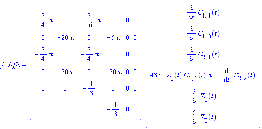 f, diffs := Matrix(6, 6, {(1, 1) = -(3/4)*Pi, (1, 2) = 0, (1, 3) = -(3/16)*Pi, (1, 4) = 0, (1, 5) = 0, (1, 6) = 0, (2, 1) = 0, (2, 2) = -20*Pi, (2, 3) = 0, (2, 4) = -5*Pi, (2, 5) = 0, (2, 6) = 0, (3, 1) = -(3/4)*Pi, (3, 2) = 0, (3, 3) = -(3/4)*Pi, (3, 4) = 0, (3, 5) = 0, (3, 6) = 0, (4, 1) = 0, (4, 2) = -20*Pi, (4, 3) = 0, (4, 4) = -20*Pi, (4, 5) = 0, (4, 6) = 0, (5, 1) = 0, (5, 2) = 0, (5, 3) = -1/3, (5, 4) = 0, (5, 5) = 0, (5, 6) = 0, (6, 1) = 0, (6, 2) = 0, (6, 3) = 0, (6, 4) = -1/3, (6, 5) = 0, (6, 6) = 0}), Vector(6, {(1) = diff(C[1, 1](t), t), (2) = diff(C[1, 2](t), t), (3) = diff(C[2, 1](t), t), (4) = 4320*ZETA[1](t)*C[1, 1](t)*Pi+diff(C[2, 2](t), t), (5) = diff(ZETA[1](t), t), (6) = diff(ZETA[2](t), t)})