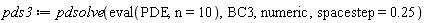 pds3 := pdsolve(eval(PDE, n = 10), BC3, numeric, spacestep = .25)
