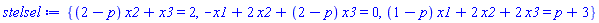 {(2-p)*x2+x3 = 2, -x1+2*x2+(2-p)*x3 = 0, (1-p)*x1+2*x2+2*x3 = p+3}