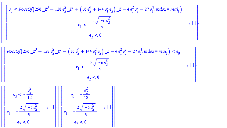 [[PIECEWISE([e[0] < RootOf(256*_Z^3-128*e[2]^2*_Z^2+(16*e[2]^4+144*e[1]^2*e[2])*_Z-4*e[1]^2*e[2]^3-27*e[1]^4, index = real[1]), ``], [e[1] < -(2/9)*(-6*e[2]^3)^(1/2), ``], [e[2] < 0, ``]), []], [PIECEWISE([RootOf(256*_Z^3-128*e[2]^2*_Z^2+(16*e[2]^4+144*e[1]^2*e[2])*_Z-4*e[1]^2*e[2]^3-27*e[1]^4, index = real[1]) < e[0], ``], [e[1] < -(2/9)*(-6*e[2]^3)^(1/2), ``], [e[2] < 0, ``]), []], [PIECEWISE([e[0] < -(1/12)*e[2]^2, ``], [e[1] = -(2/9)*(-6*e[2]^3)^(1/2), ``], [e[2] < 0, ``]), []], [PIECEWISE([e[0] = -(1/12)*e[2]^2, ``], [e[1] = -(2/9)*(-6*e[2]^3)^(1/2), ``], [e[2] < 0, ``]), []]]