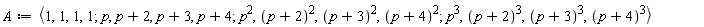 A := `<,>`(`<|>`(1, 1, 1, 1), `<|>`(p, p+2, p+3, p+4), `<|>`(p^2, (p+2)^2, (p+3)^2, (p+4)^2), `<|>`(p^3, (p+2)^3, (p+3)^3, (p+4)^3))