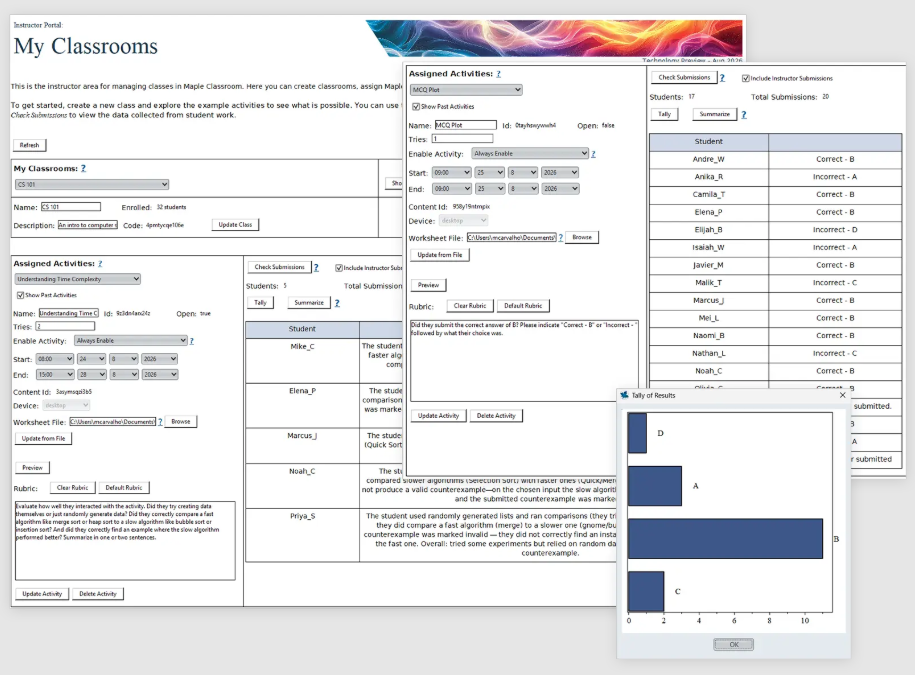Maple Classroom instructor view showing student submissions and class results