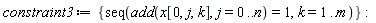constraint3 := {seq(add(x[0, j, k], j = 0 .. n) = 1, k = 1 .. m)}: