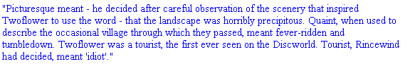"Picturesque meant - he decided after careful observation of the scenery that inspired Twoflower to use the word - that the landscape was horribly precipitous. Quaint, when used to describe the occasional village through which they passed, meant fever-ridden and tumbledown. Twoflower was a tourist, the first ever seen on the Discworld. Tourist, Rincewind had decided, meant 'idiot'."