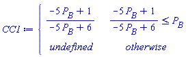 piecewise((-5*P[B]+1)/(-5*P[B]+6) <= P[B], (-5*P[B]+1)/(-5*P[B]+6), undefined)