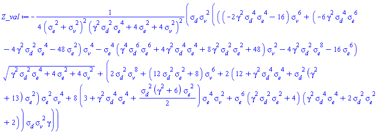 -(1/4)*sigma__d*sigma__v^2*(((-2*gamma^2*sigma__d^4*sigma__e^4-16)*sigma__v^6+(-6*gamma^2*sigma__d^4*sigma__e^6-4*gamma^2*sigma__d^2*sigma__e^4-48*sigma__e^2)*sigma__v^4-sigma__e^4*(gamma^4*sigma__d^6*sigma__e^6+4*gamma^2*sigma__d^4*sigma__e^4+8*gamma^2*sigma__d^2*sigma__e^2+48)*sigma__v^2-4*gamma^2*sigma__d^2*sigma__e^8-16*sigma__e^6)*(gamma^2*sigma__d^2*sigma__e^4+4*sigma__e^2+4*sigma__v^2)^(1/2)+(2*sigma__d^2*sigma__v^8+(12*sigma__d^2*sigma__e^2+8)*sigma__v^6+2*(12+gamma^2*sigma__d^4*sigma__e^4+sigma__d^2*(gamma^2+13)*sigma__e^2)*sigma__e^2*sigma__v^4+8*(3+gamma^2*sigma__d^4*sigma__e^4+(1/2)*sigma__d^2*(gamma^2+6)*sigma__e^2)*sigma__e^4*sigma__v^2+sigma__e^6*(gamma^2*sigma__d^2*sigma__e^2+4)*(gamma^2*sigma__d^4*sigma__e^4+2*sigma__d^2*sigma__e^2+2))*sigma__d*sigma__v^2*gamma)/((sigma__e^2+sigma__v^2)^2*(gamma^2*sigma__d^2*sigma__e^4+4*sigma__e^2+4*sigma__v^2)^2)