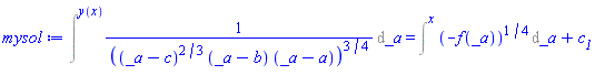 Intat(1/((_a-c)^(2/3)*(_a-b)*(_a-a))^(3/4), _a = y(x)) = Intat((-f(_a))^(1/4), _a = x)+c__1
