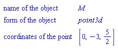 Geom3dDetail(["name of the object", M], ["form of the object", point3d], ["coordinates of the point", [0, -3, 5/2]])