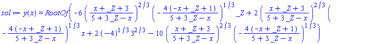 y(x) = RootOf(-6*((x+_Z+3)/(5+3*_Z-x))^(2/3)*(-4*(-x+_Z+1)/(5+3*_Z-x))^(1/3)*_Z+2*((x+_Z+3)/(5+3*_Z-x))^(2/3)*(-4*(-x+_Z+1)/(5+3*_Z-x))^(1/3)*x+2*(-4)^(1/3)*3^(2/3)-10*((x+_Z+3)/(5+3*_Z-x))^(2/3)*(-4*(-x+_Z+1)/(5+3*_Z-x))^(1/3))