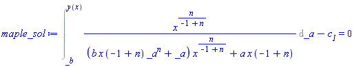 Int(x^(n/(-1+n))/((b*x*(-1+n)*_a^n+_a)*x^(n/(-1+n))+a*x*(-1+n)), _a = _b .. y(x))-c__1 = 0