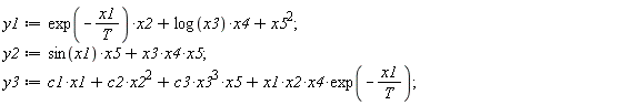y1 := exp(-x1/T)*x2+log(x3)*x4+x5^2;