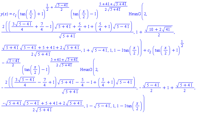 y(x) = c__1*(tan((1/2)*x)+I)^(1/2+(1/2)*(5-4*I)^(1/2))*(tan((1/2)*x)-I)^((1/2)*(5+4*I+(5+4*I)^(1/2))/(5+4*I)^(1/2))*HeunG(2, 2*(((3/4)*(5-4*I)^(1/2)+7/4-I)*(5+4*I)^(1/2)+5/4+I+(5/4+I)*(5-4*I)^(1/2))/(5+4*I)^(1/2), 1+(1/2)*(10+2*41^(1/2))^(1/2), (1/2)*((5+4*I)^(1/2)*(5-4*I)^(1/2)+5+4*I+2*(5+4*I)^(1/2))/(5+4*I)^(1/2), 1+(5-4*I)^(1/2), 1, 1-I*tan((1/2)*x))+c__2*(tan((1/2)*x)+I)^(1/2-(1/2)*(5-4*I)^(1/2))*(tan((1/2)*x)-I)^((1/2)*(5+4*I+(5+4*I)^(1/2))/(5+4*I)^(1/2))*HeunG(2, -2*(((3/4)*(5-4*I)^(1/2)+(-7/4+I))*(5+4*I)^(1/2)+(-5/4-I)+(5/4+I)*(5-4*I)^(1/2))/(5+4*I)^(1/2), -(1/2)*(5-4*I)^(1/2)+1+(1/2)*(5+4*I)^(1/2), (1/2)*(-(5+4*I)^(1/2)*(5-4*I)^(1/2)+5+4*I+2*(5+4*I)^(1/2))/(5+4*I)^(1/2), 1-(5-4*I)^(1/2), 1, 1-I*tan((1/2)*x))
